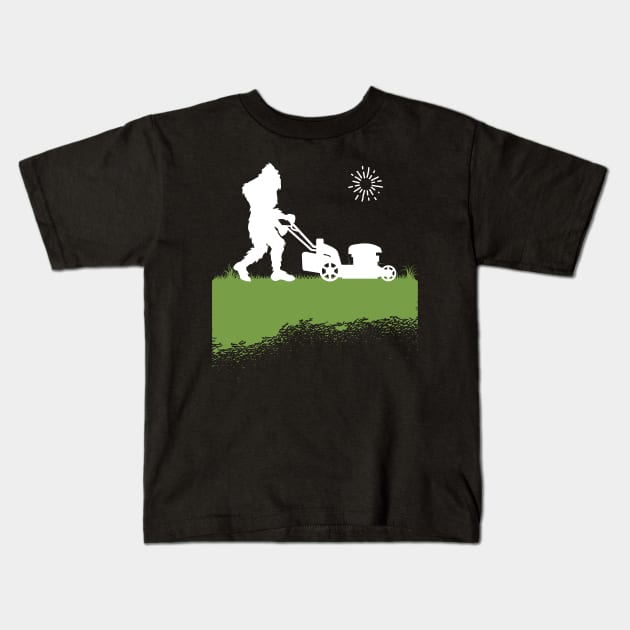 Bigfoot, the Lawn Mowing Sasquatch: Taming and Cutting Grass Kids T-Shirt by Tesszero